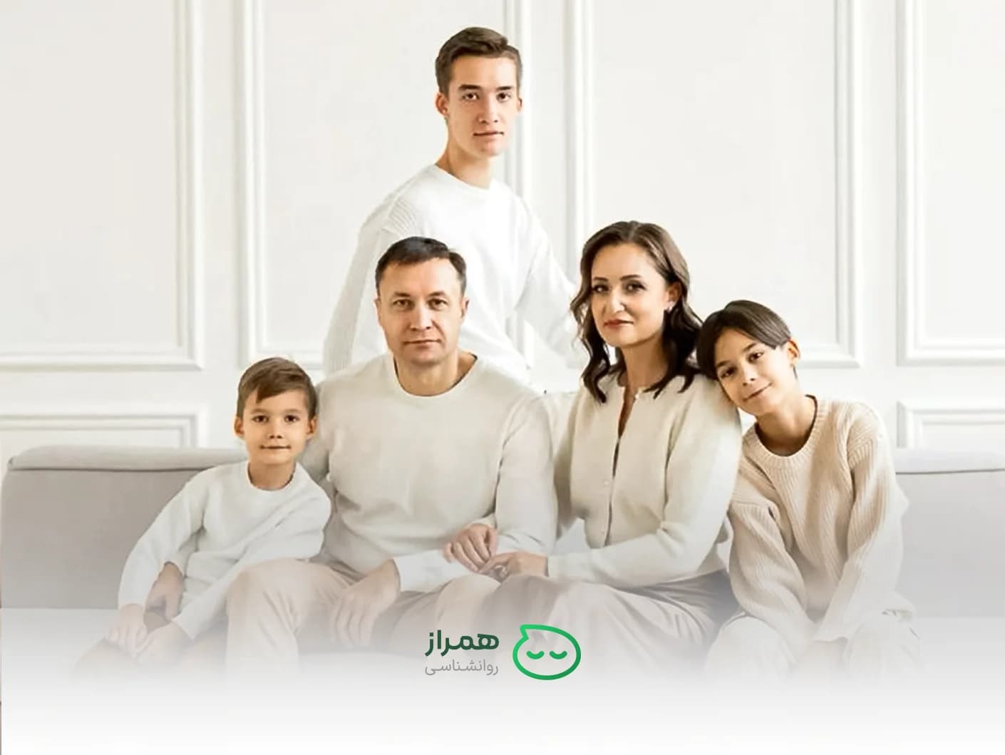 Calm and harmonious family in a bright minimalist setting | Symbol of order, empathy, and balance in family relationships