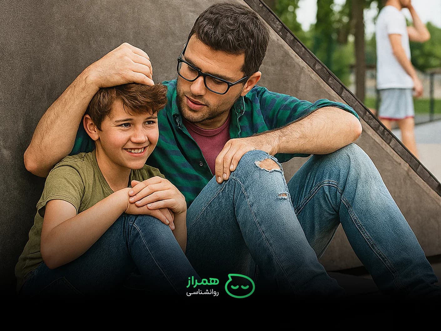 Father comforting his teenage son outdoors, symbolizing emotional support in parenting