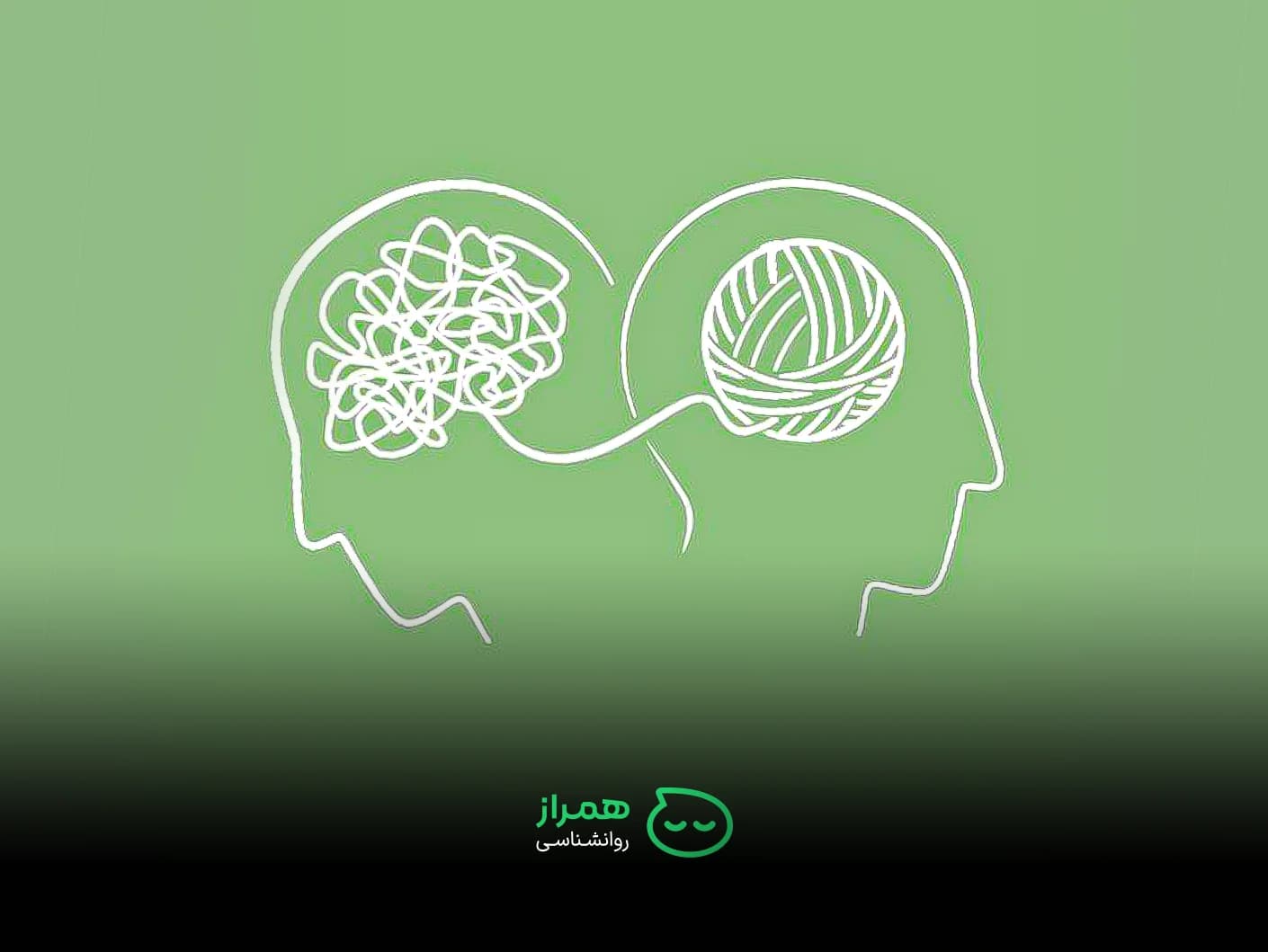 Two connected human heads, one with tangled thoughts and the other with organized ideas