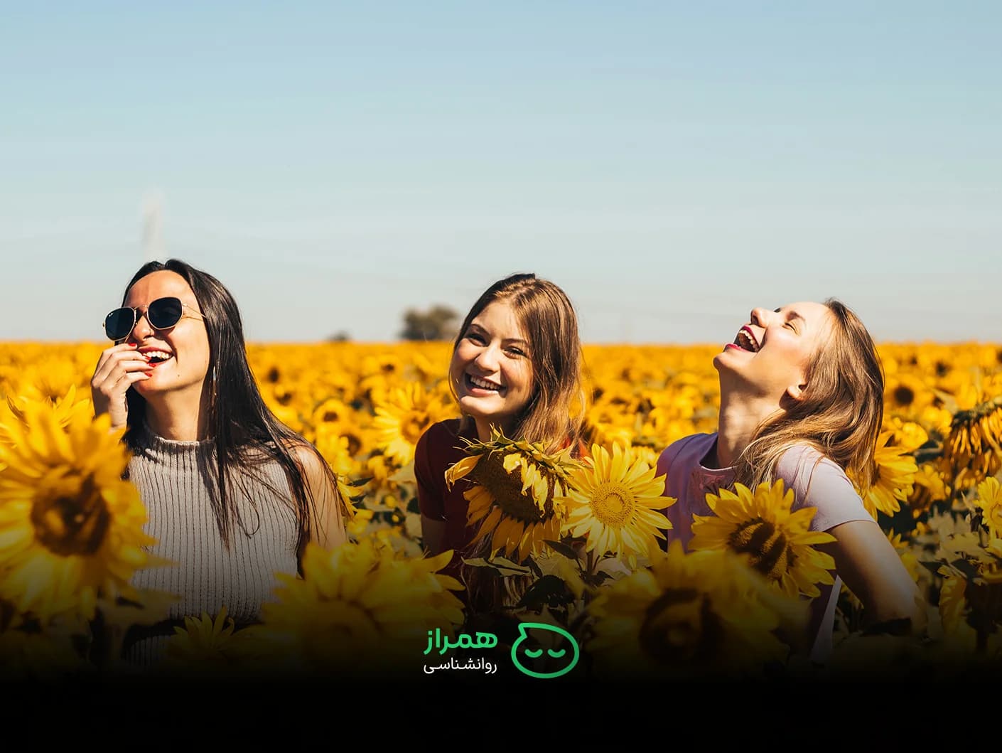 Three happy girls having fun among sunflowers