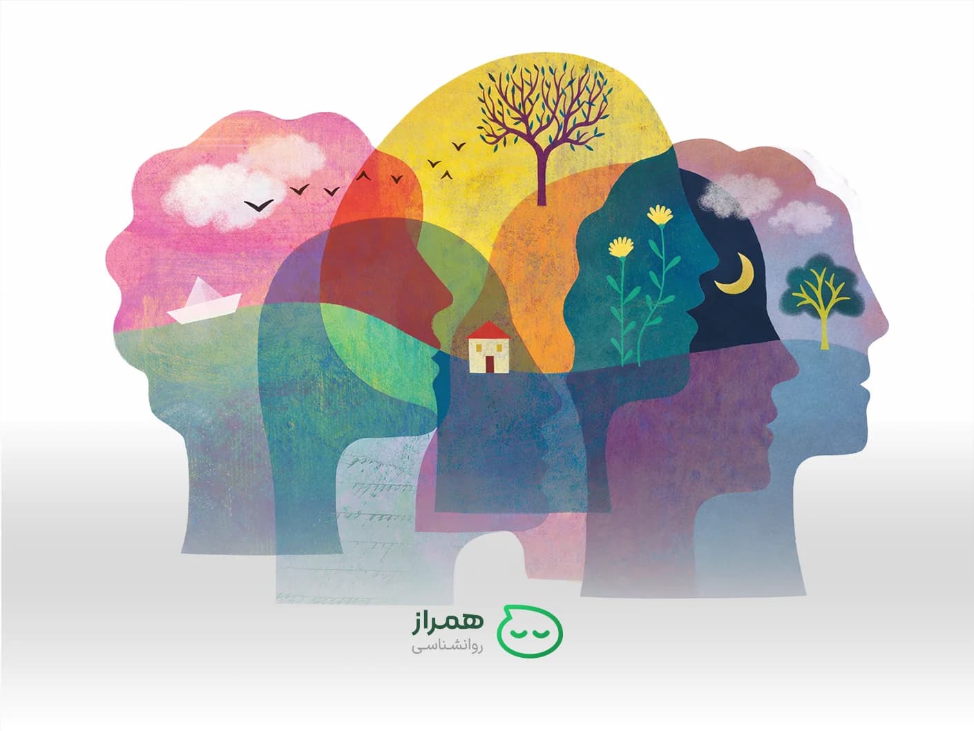 Abstract illustration of multiple human profiles representing emotions, thoughts, and mental health complexity